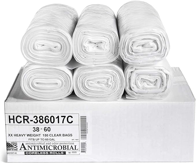Aluf Plastics High Density Trash Bags, 60 Gallon, 150 Count, 17 Micron (eq), 38" x 60", Clear, for Bathroom, Office, Industrial, Commercial, Janitorial, Municipal, Recycling