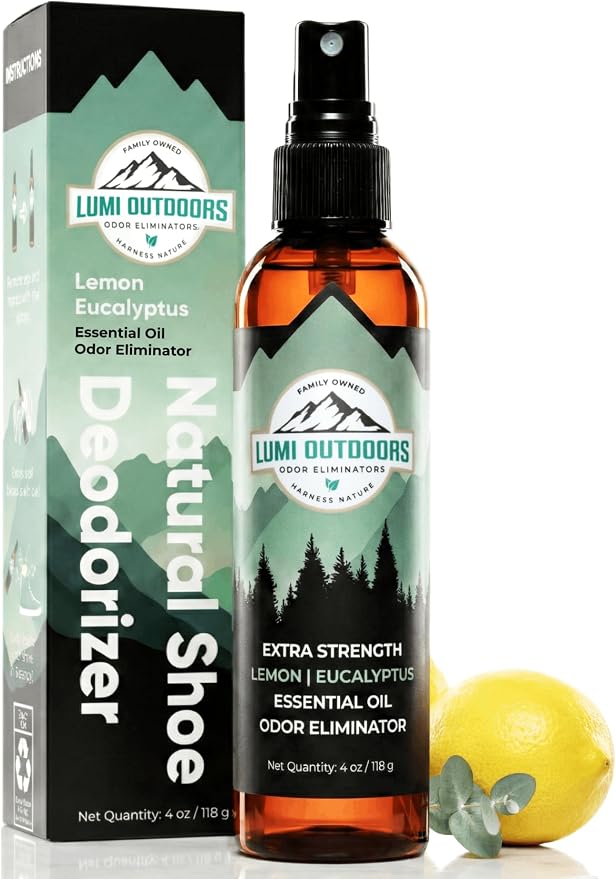 Lumi Outdoors Natural Shoe Deodorizer Spray - Odor Eliminator | Destroys Stubborn Shoe Smells at the Source - 700+ Sprays - Sneakers, Work Boots, Cleats & Gym Bags - Lemon Eucalyptus Scent