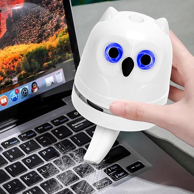 Desktop Mini Crumb Vacuum Cleaner Owl Tabletop Crumb Sweeper Vacuum USB C | Rechargeable Craft Desk Vacuum Cleaner for Glitter Paper Scraps Bread Crumbs Shavings Cookie Crumbs, Low Noise