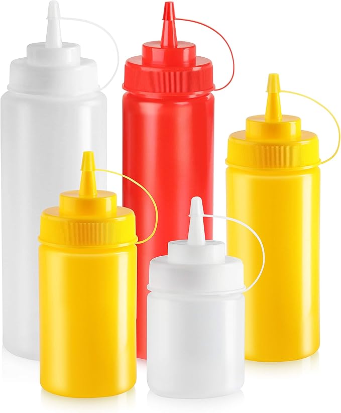 New Star Foodservice 533739 Plastic Squeeze Bottles with caps, Wide Mouth, 32 oz, Yellow, Pack of 6