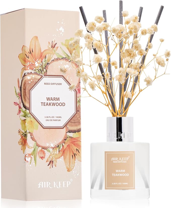 Reed Diffuser Set,3.38 fl oz (100 ml) - Warm Teakwood Oil Diffusers with 8 Reed Sticks, Home Fragrance Reed Diffuser for Bathroom Shelf Decor
