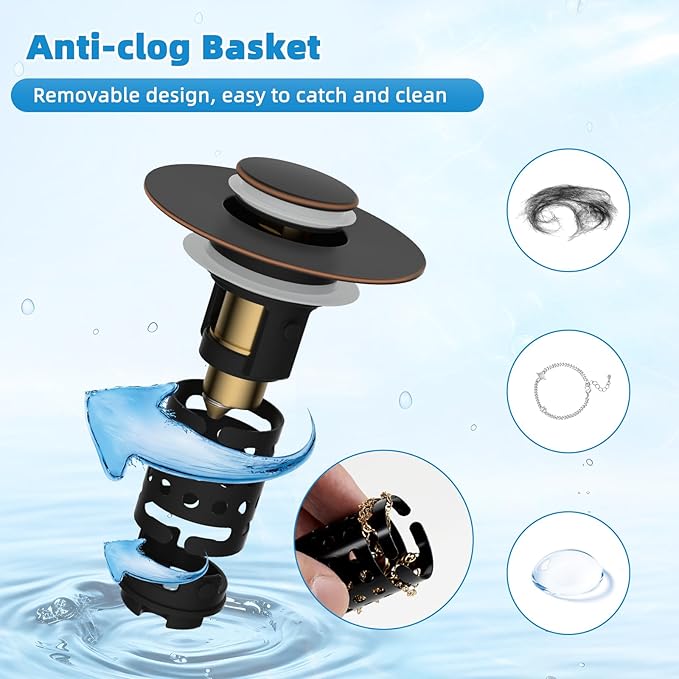 2PCS Universal Bathroom Sink Drain Strainer Hair Catcher, Oil Rubbed Bronze | Upgraded with 2-Layer Detachable Filter Basket, 4 in 1 Pop Up Drain Strainer, Anti-Clog, Fit for 1.1''~2.36'' Sinks