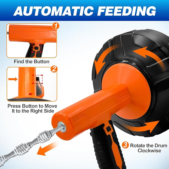 Drain Auger 33Ft, Auto-Feed Drain Clog Remover Plumbing Snake Drain Tools | Drill Adapter for Quickly Unclogging, Long Flexible Drain Snake for Deep Pipe Clogs, Bathroom Shower, Bathtub, Kitchen Sink