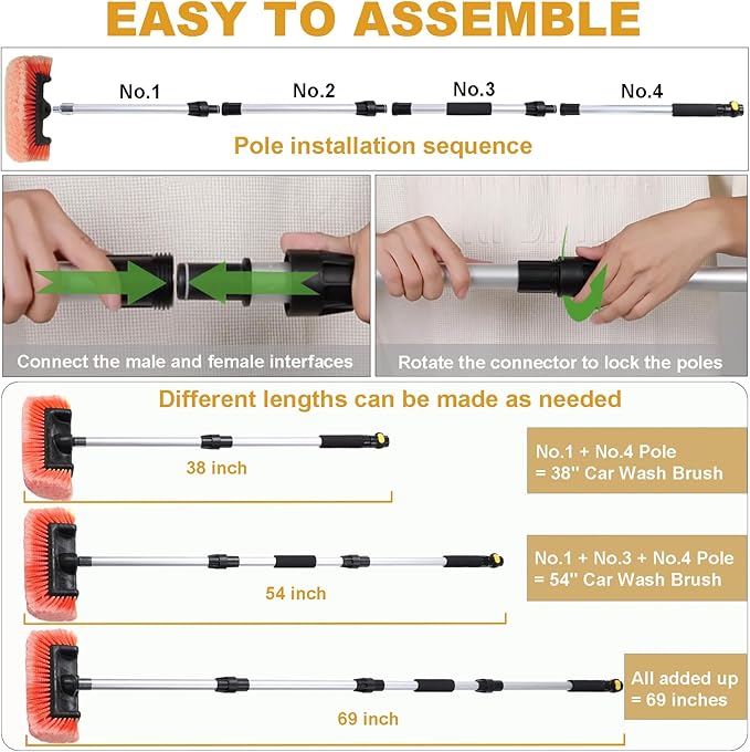 Car Wash Brush with Long Handle for Car Truck Boat RV SUV Washing (Orange, 70")