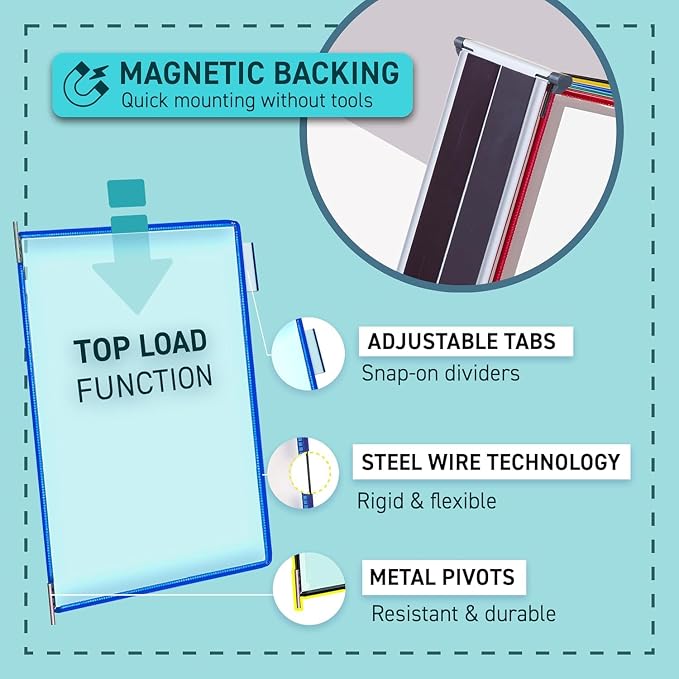Tarifold Magnetic Wall Mount Reference System, 10 Pockets, Assorted Colors | 10 double-sided PVC pockets hold 20 letter-size sheets, magnetic mounting plate, snap-on index tabs, easy to install