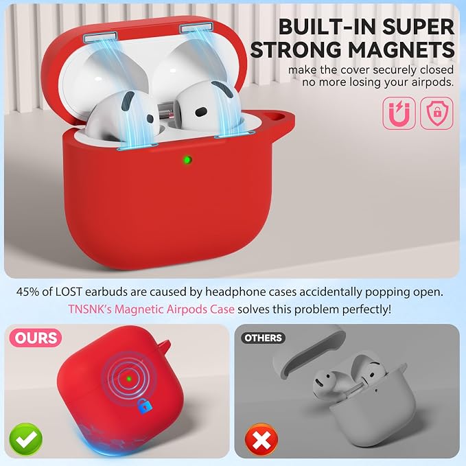 for AirPods 4 Case with Magnetic, TNSNK Silicone AirPod 4 Case Cover Compatible with Apple Airpods 4th Gen, Shockproof Protective Cases for Women Girly with Cleaner Kit and Keychain, Front LED Visible