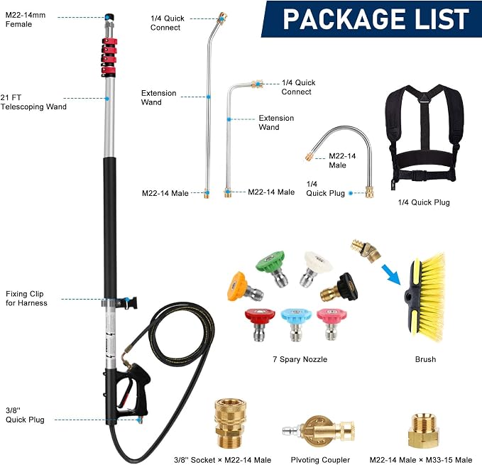 Pressure Washer Extension Wand 24FT, Gutter Cleaning Tools from The Ground with Brush, Pressure Washer Extension Pole (Washer Wand With 7 Nozzle)