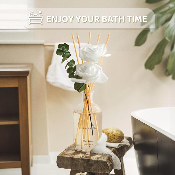 Reed Diffuser Black Forest 6.76 fl oz Home Bathroom Fragrance | 6 Reed Sticks, Real Eucalyptus & Artificial Rose, Essential Oil for Bedroom Shelf Décor, Scent Diffuser