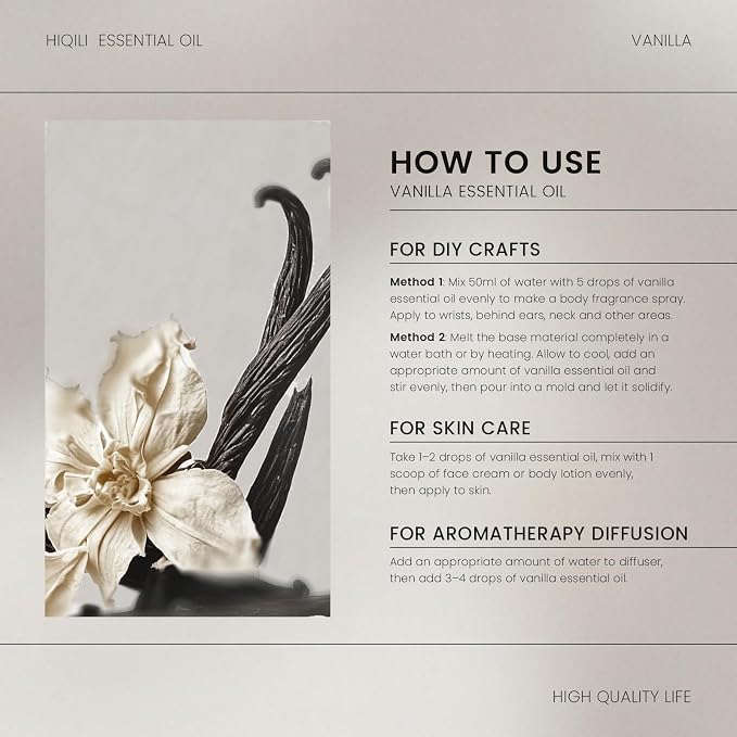 HIQILI Vanilla Essential Oil for Skin, Diffuser, Perfume, Home Scents | Strong Fragrance Add in Unscented Lotion, Candle Soap Making Scent, Warm Sweet Aroma - 100 mL / 3.38 fl oz