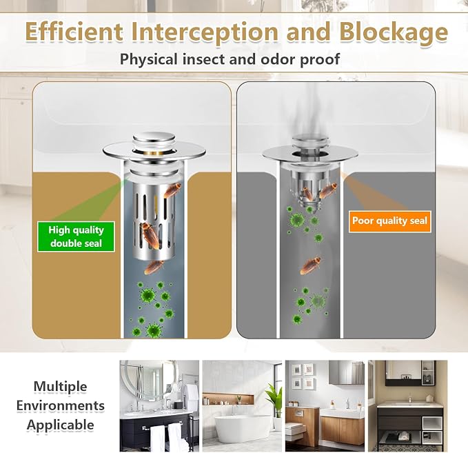 2 Pack Bathroom Sink Stopper for 1.06-1.50in (Silver) | Bathroom Sink Drain Pop Up Stopper with Hair Strainer, Universal Drain Filter for US Stainless Steel Floor Drain Filter