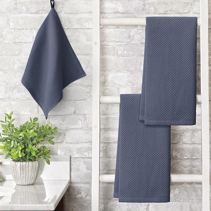 Artoid Mode 100% Cotton Navy Blue Dark Grey Waffle Weave Kitchen Dish Cloths, 13x28 Inch Ultra Soft Absorbent Quick Drying Kitchen Dish Towels Set of 4, Multicolor