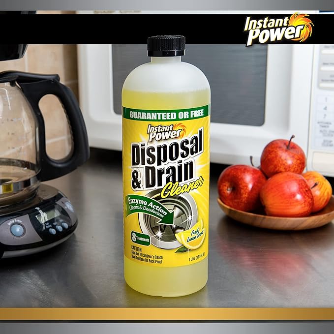 Instant Power Disposal and Drain Cleaner – Liquid Enzyme Clog Remover, Cleans and Deodorizes, Removes Drain Blockages, Fresh Lemon Scent 33.8 Fl oz, 1 Liter 4 Pack