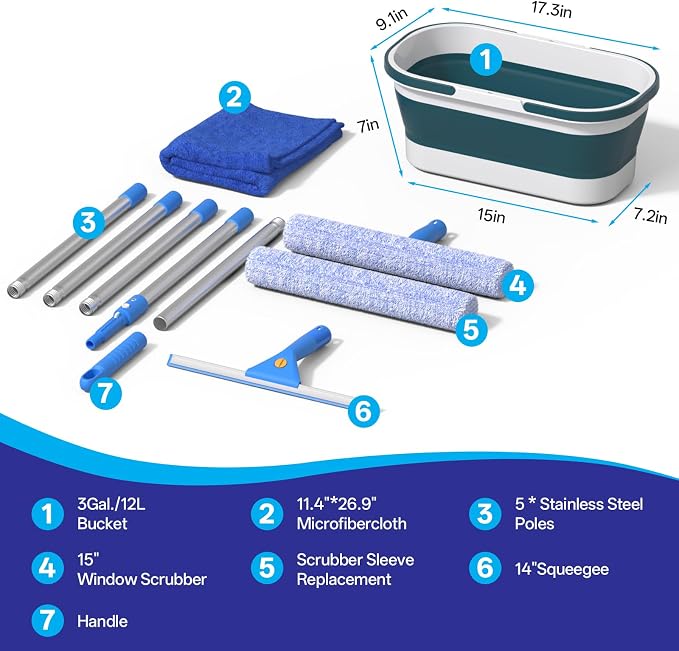 Professional Window Glass Cleaning Kit with 14" Window Squeegee & 15" Scrubber, 3 Gallon Collapsible Bucket, 76 Inch Spliced Pole Complete Glass Washing Tools for Indoor Outdoor Home Car Cleaning