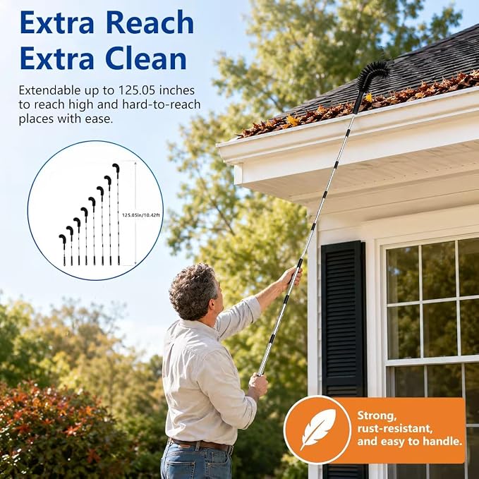 Gutter Cleaning Tools from the Ground, 10.5 FT Long Reach Gutter Cleaning Tool with Adjustable Stainless Steel Pole, No Ladder Needed Gutter Cleaner Tool for Roof Gutters, Removes Leaves, Pine
