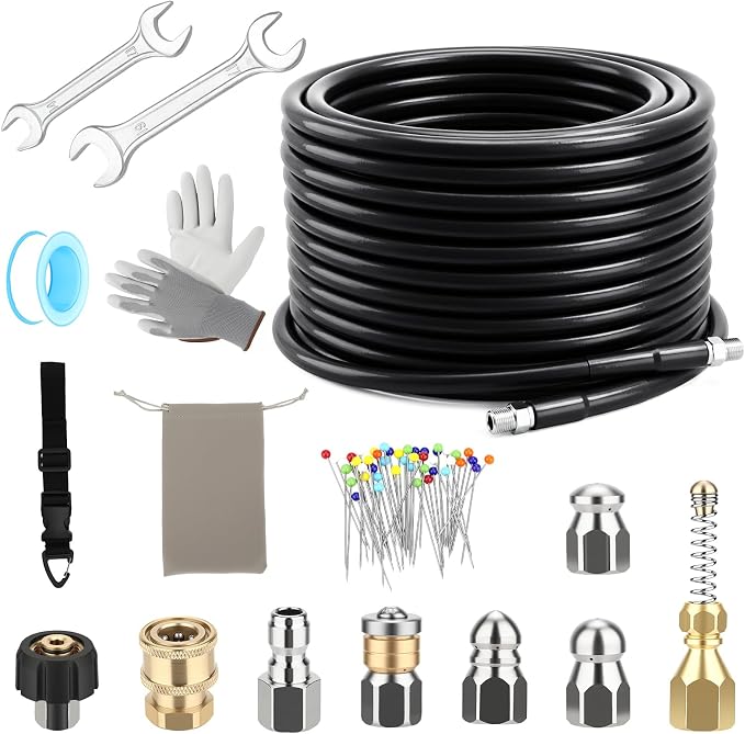 Sewer Jetter Kit for Pressure Washer, 50FT 5800PSI Drain Jetter Hose Kit | Drain Cleaner Hose Kit with 4 Jet Nozzles, Rotating Nozzle, 1/4" NPT Sewer Jetter Nozzle for Drain Pipes, Sewer Lines Gutter