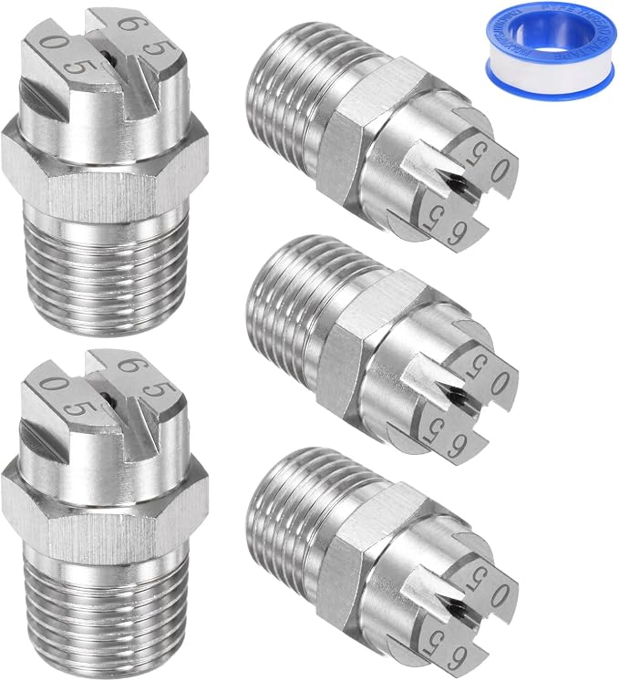 M METERXITY 5-Pack Flat Fan Spray Tip, 65 Degree 1/4BSPT Male Stainless Steel Pressure Washer Nozzles Cleaner Nozzle Replacement W Sealing Tape for Water Guns (1.4mm Orifice)