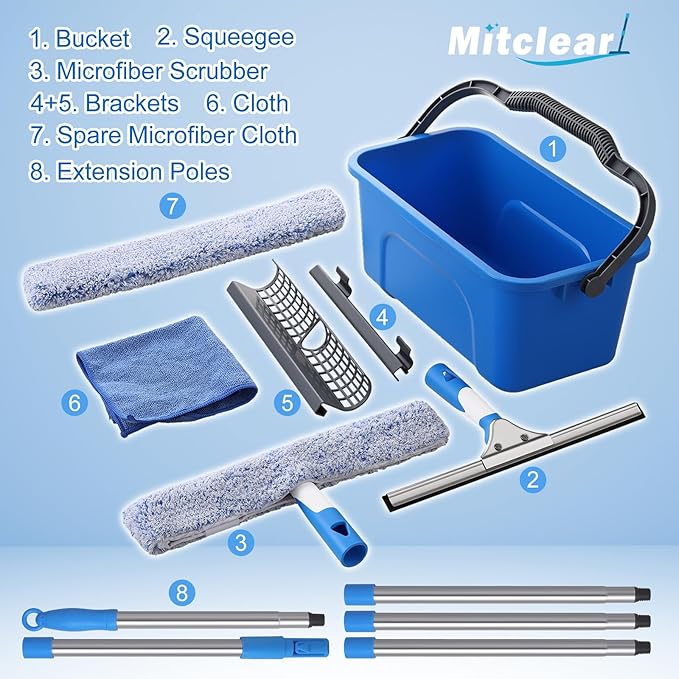 Window Cleaning Kit 77'' Long Handle with Bucket for Home Outdoor | Professional Window Washing Equipment, 77'' Long Handle, 14'' Silicone Squeegee, Microfiber Scrubber, Cloth, Commercial Use