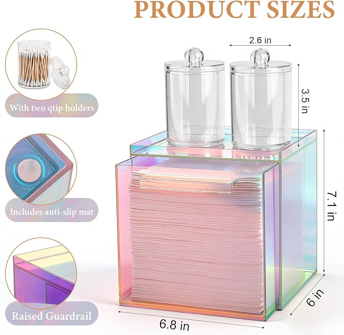 Disposable Face Towels Holder with 2 Pack Qtip Holders, Glossy Rainbow | Acrylic Box Bin Compatible with Clean Skin Club Clean Towelettesl XL Bathroom Counter Storage with Drawer
