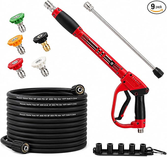 Pressure Washer Gun and Hose Kit 25FT, Pressure Power Washer Hose with Spray Gun, Wand Extension, 5 Nozzle Tips, M22-14mm Fittings, 3600 PSI