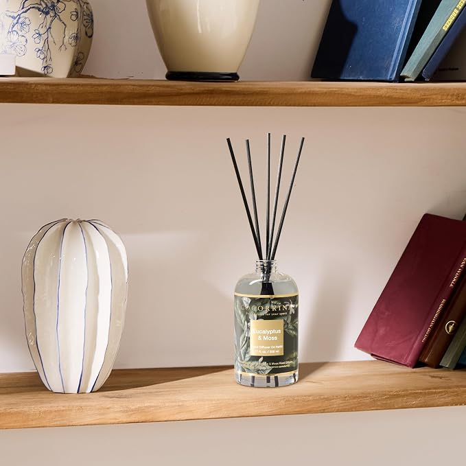Reed Diffuser Refill Eucalyptus & Moss 17oz (500ml) with 8 Rattan Sticks - Premium Long-Lasting Essential Oil, Home Fragrance for Bedroom, Bathroom Home Decor