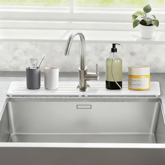 Faucet Mat for Kitchen Sink, Diatomite Drying Stone Mat Sink Protector, Faucet Splash Guard for Bathroom Counter for Bathroom, Laundry, Bar, White, 23.6" x 4"
