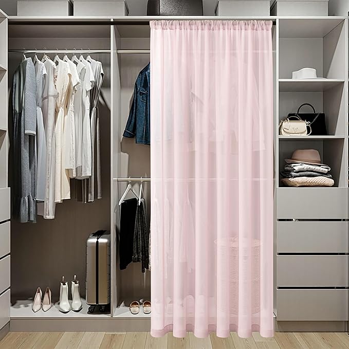 Tollpiz Sheer Door Curtain Closet Linen Textured Curtains Sheer Doorway Light Filtering Voile Patio Glass Door Rod Pocket Curtain French Door, 54 x 72 inches Long, Pink, Set of 1 Panel
