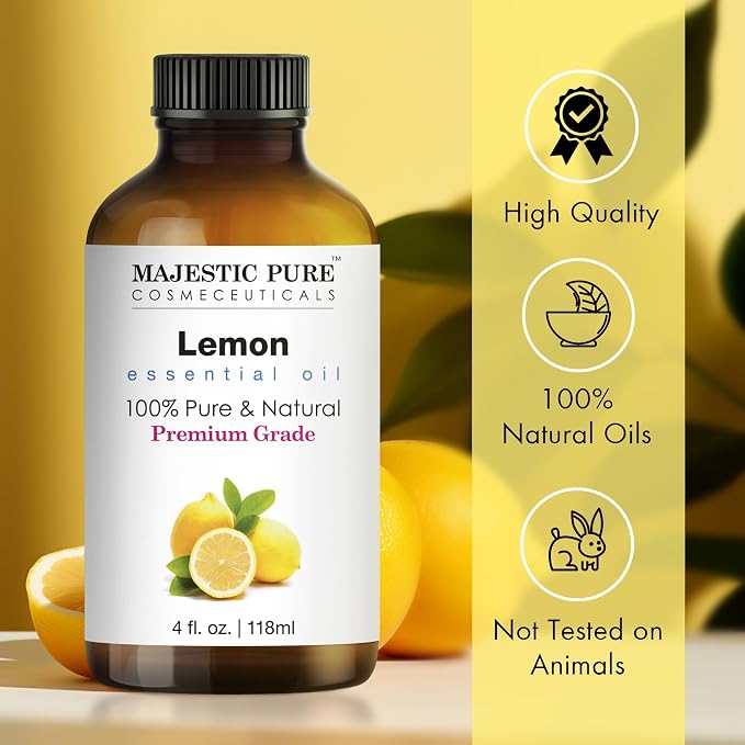 Majestic Pure Lemon Essential Oil for Diffuser - 4 Fl Oz | 100% Pure & Natural Ideal for diffuser use, aromatherapy, massage, soap making, candle making home fragrance