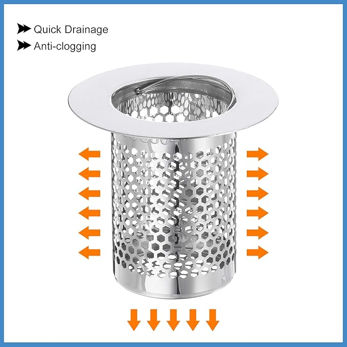 uxcell 2 Pack Shower Drain Strainer, 2" x 2" Stainless Steel Floor Drain Strainer Deep Sink Hair Catcher for Kitchen Bathroom Balcony Floor Drain, Fit Hole Size from 1.18" to 1.97"