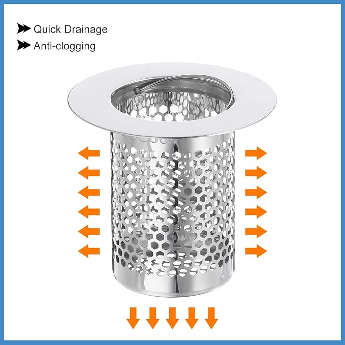 uxcell 3 Pack Shower Drain Strainer, 2" x 2" Stainless Steel Floor Drain Strainer Deep Sink Hair Catcher for Kitchen Bathroom Balcony Floor Drain, Fit Hole Size from 1.18" to 1.97"