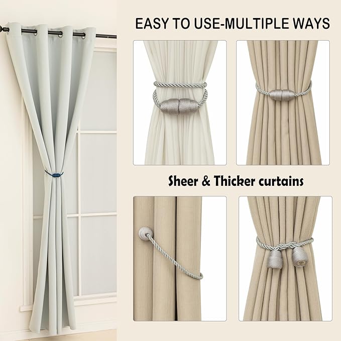 Magnetic Curtain Tiebacks Rope Curtain Tie Backs for Curtains 6 Pack Curtain Holders for Drapes Decorative Window Curtain Holdbacks, Grey