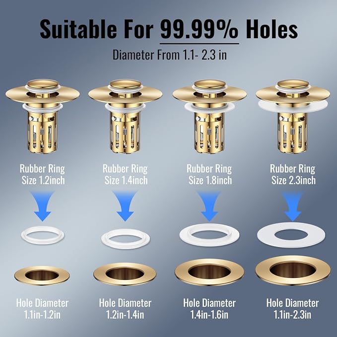 (2 Pc) 1s Installation - All Metal Bathroom Sink Stopper Fit 99% - 3 in 1 Universal Pop Up Stopper with Removable Stainless Steel Filter Basket Hair Catcher - Sink Stopper (Golden)