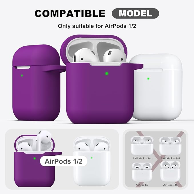 R-fun for AirPods 1/2 Case, Soft Silicone Protective Cover with Keychain and Cleaning Pen, Compatible with AirPods 2nd/1st Generation (2016/2019), Full Drop Protection Cover, Plum