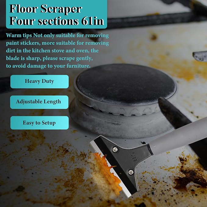Floor Scraper Heavy Duty Long Handle,61in 4" Razor Blade Floor Scraper Adjustable with 10PCS Extra Metal Blades Paint Scraper for Cleaning Stickers Gum Glass Wall Tile Linoleum Stove Top