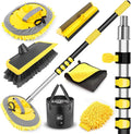144'' Long Extendable Handle Car RV Wash Brush Kits with Collapsible Bucket, RV, Truck Washing Kit with Extension Pole - Microfiber Car Mop, Bristles Washing Brush, Squeegee Mitt, RV-Wash Cleaning Kit