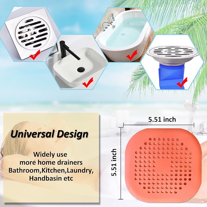 Bovinde Hair Drain Catcher,Square Cover for Shower 2 Pack (Orange) | Drainer Cover Silicone Hair Stopper with Suction Cups,Protector Accessories,Easy to Install Suit for Bathroom,Bathtub,Sink