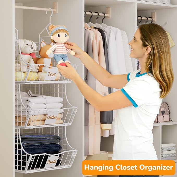 Hanging Closet Organizers and Storage, 2 Tier Closet Shelf Clothes Organizer with 2 S-Hooks, Multi-Functional Iron Wire Baskets, for Clothing, Sweaters, Handbags, Hat, Canned
