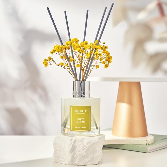 Reed Diffuser Set,3.38 fl oz (100 ml) - White Jasmine Oil Diffusers with 8 Reed Sticks, Home Fragrance Reed Diffuser for Bathroom Shelf Decor