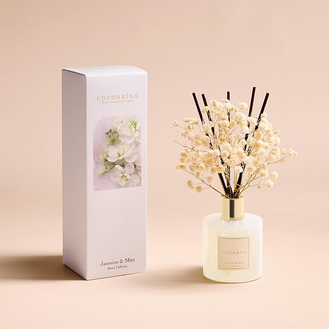 Reed Diffuser - Jasmine & Mint 6.7 Fl.oz Reed Diffuser Set with Sticks & Preserved Baby's Breath, Reed Diffuser for Home Bathroom Shelf Decor