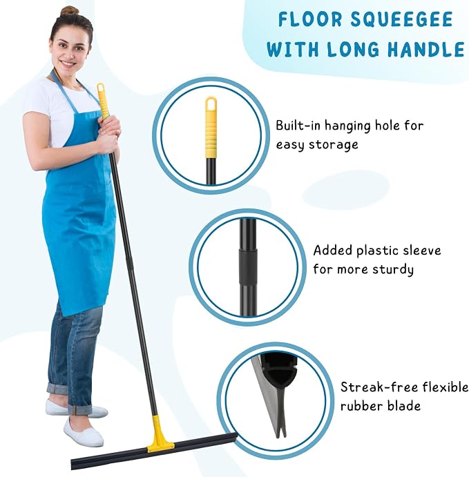 Floor Squeegee for Concrete, 30'' Large Rubber Broom for Tile, 59'' Long Handle Heavy Duty Water Wiper for Garage, Deck
