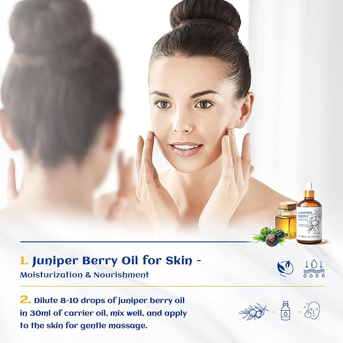 HIQILI Juniper Berry Essential Oil for Aromatherapy,Hair & Skin Care | Brings Long-Lasting Woody Aroma, Calming Relaxation, Versatile DIY & Full Space Odor Elimination -100ml / 3.38 fl oz
