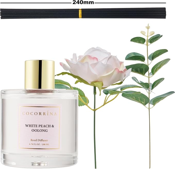 Flower Reed Diffuser - White Peach& Oolong 6.7oz Scented Diffuser with Sticks Home Fragrance Essential Oil for Bathroom Shelf Decor (Artificial Flower)