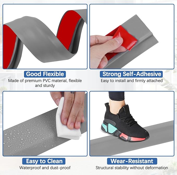Vinyl Door Threshold Flooring Transition Strip Self Adhesive Carpet Edging Strip for Laminate Doorway Edge Threshold from 2/5" to 3/5" (Gray, 6.6 Ft)