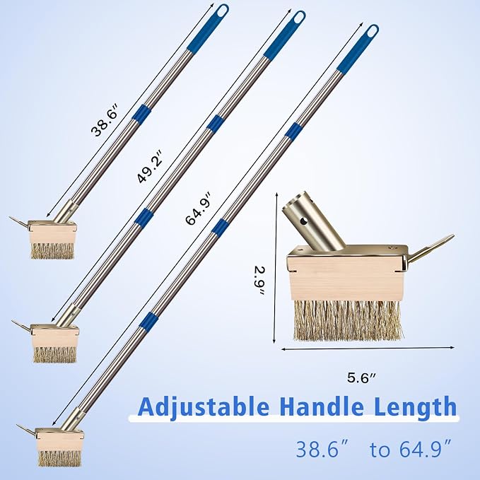 Moss Remover Brush Tool with 65in Handle for Concrete Pavers Crevice | 2 Pcs Wire Grout Brush Head, Detachable Long Handle, Crack Weeder Puller for Outdoor Deck Patios Walkways Roof Moss Removal