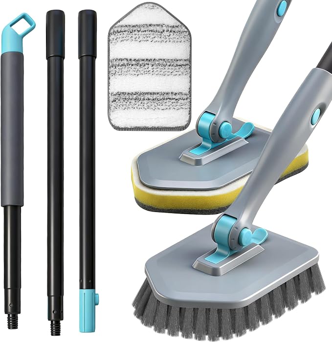 Long Handled Scrub Brush for Shower,3-in-1 Cleaning Brushes with 3 Different Function Cleaning Heads Brush for Shower Cleaning Bathroom Kitchen Walls Tub Tile (Grey)