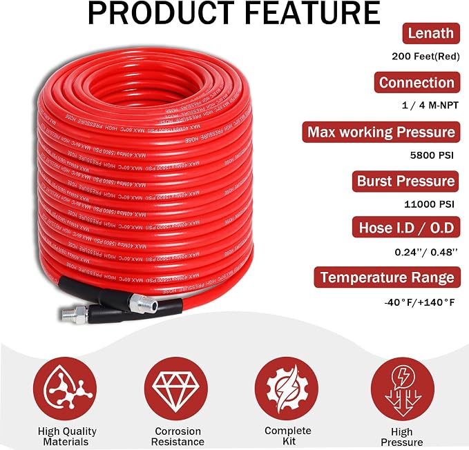 200FT Sewer Jetter Kit for Pressure Washer 5800PSI Drain Cleaner | 1/4" NPT Hose with 5 Jetting Nozzles Waterproof Tape and Spanners for Pressure Washer Drain Cleaning (Red)