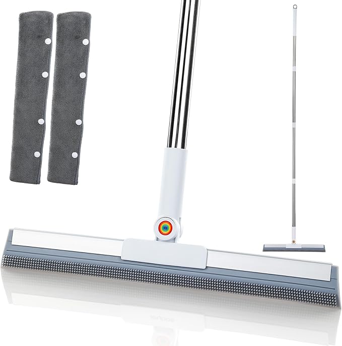 Magic Squeegee Broom for Floors, 62 in Handle, Rubber Pet Hair Remover | Works on tile, concrete, carpet and windows; includes 2 microfiber pads for wet and dry cleaning