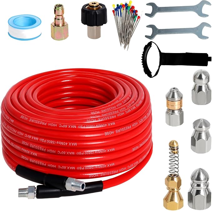 50FT Sewer Jetter Kit for Pressure Washer 5800PSI Drain Cleaner | Includes 5 Sewer Jetting Nozzles Waterproof Tape and Spanners, 1/4" NPT Hose for Drain Cleaning