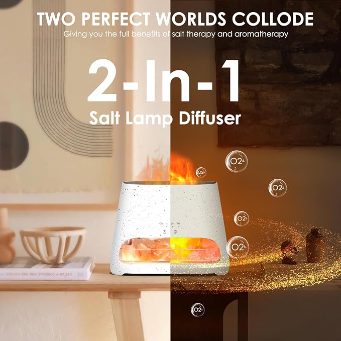 SALKING 2-in-1 Himalayan Salt Lamp & Ultrasonic Essential Oil Diffuser, Aromatherapy Diffuser Cool Mist Humidifier, Salt Therapy Lamp, 100% Pure Himalayan Salt, Ambient Glow, 150ml (Off-White)