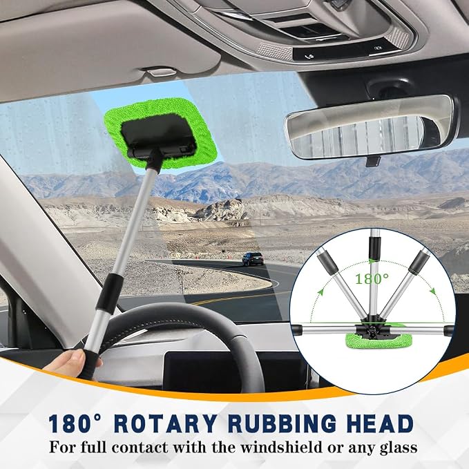 Windshield Cleaning Tool, Car Window Cleaner, Vehicle Window Cleaner with Extendable Handle & 2 Washable Microfiber Pads, Car Interior Glass Wiper Cleaning Kit for Most Vehicles (Green)