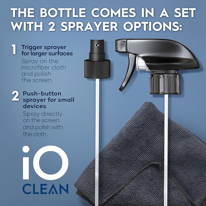 iO CLEAN Screen Cleaner Spray (16oz - 473ml) – Best Large Cleaning Kit | for LCD, LED & OLED TV, Smartphone, iPad, Laptop, Touchscreen, Computer Monitor, Microfiber Cloth Wipes & 2 Nozzles